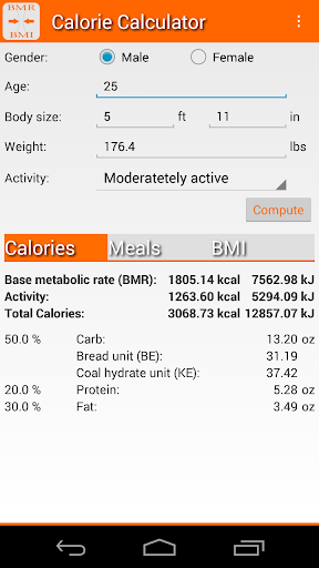 Calorie Calculator BMR + BMI Screen 2