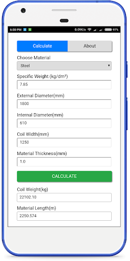 Coil Calculator, Weight/Length Screen 3