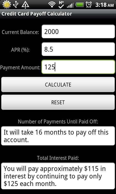 Android application Credit Card Payoff Calculator screenshort