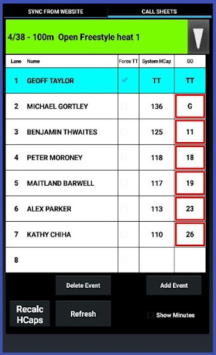 Android application Swimclub CallSheet screenshort