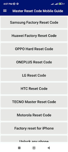 Android application Master Reset Code Mobile Guide screenshort