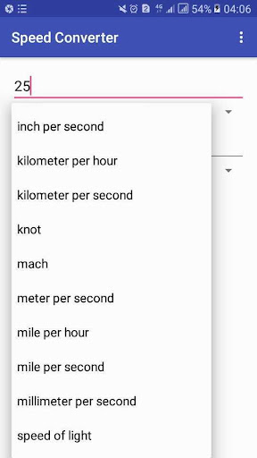 Android application speed converter : kmph to mph screenshort