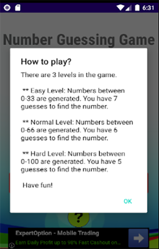 Number Guessing Game Screen 2