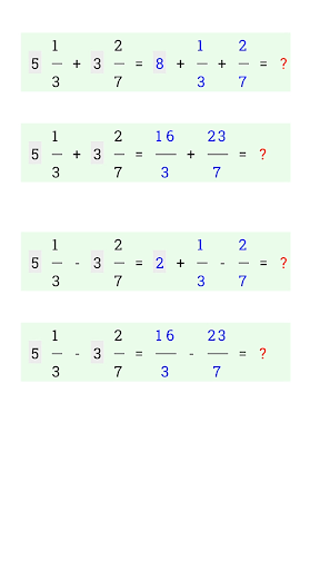 Android application VA MIXED FRACTION PLUS MINUS screenshort