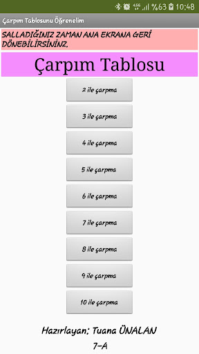 Android application ÇARPIM TABLOSU-Tuana Ünalan screenshort