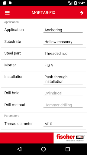 Android application fischer MORTAR-FIX screenshort