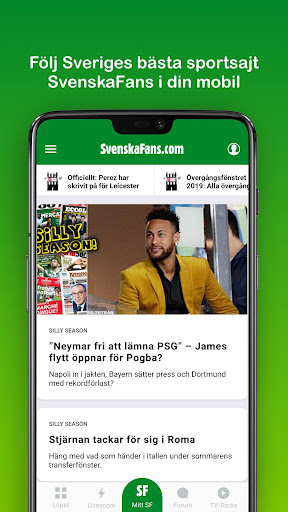 Android application SvenskaFans screenshort