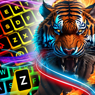 Neon Blue Fire Tiger Keyboard