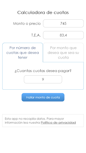 Android application Calculadora de cuotas screenshort
