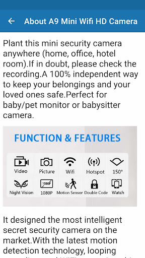 Android application A9 Mini Wifi HD Camera Guide screenshort