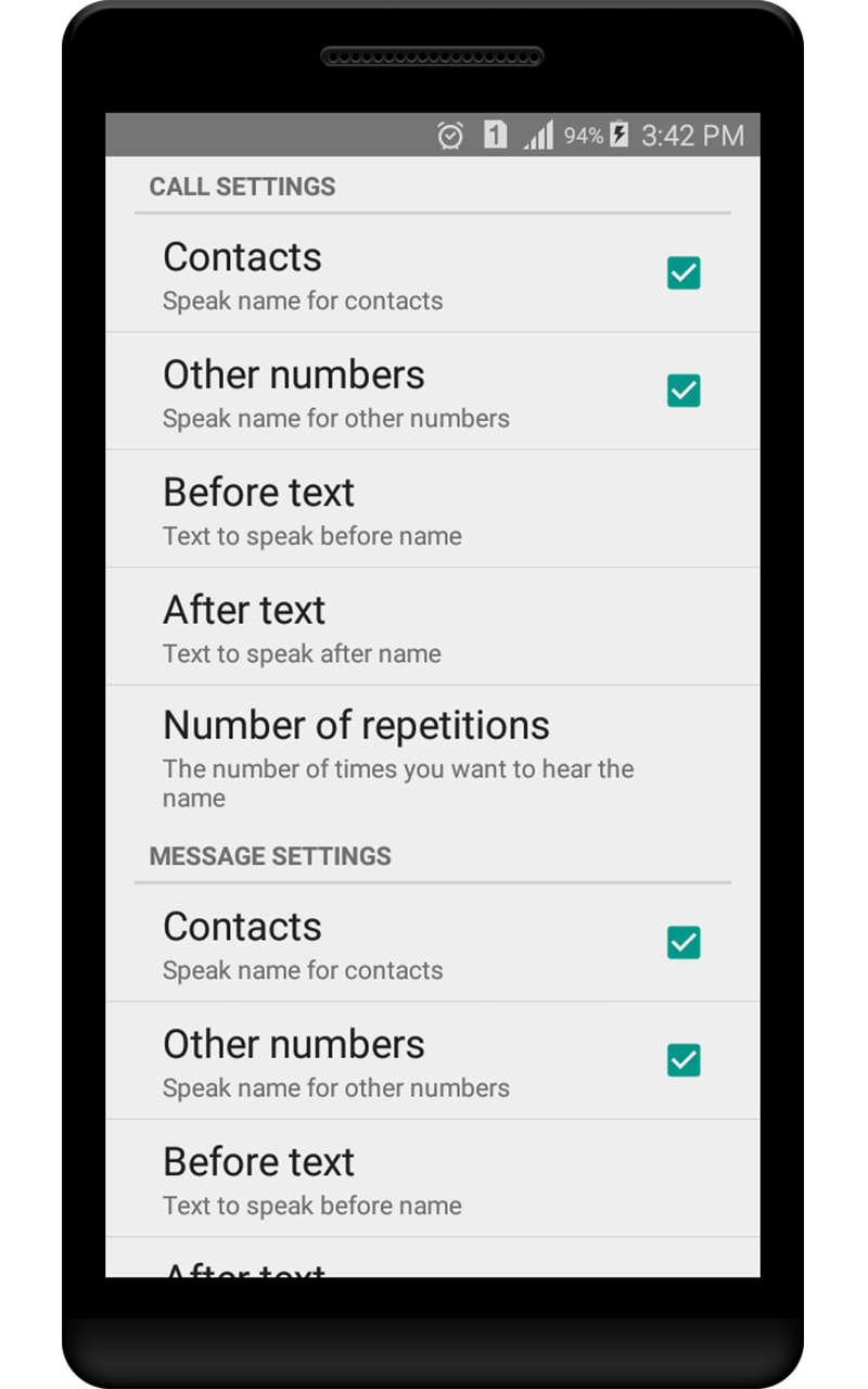 Android application Message Name Announcer screenshort