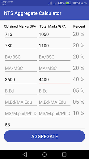NTS Aggregate Calculator Screen 3
