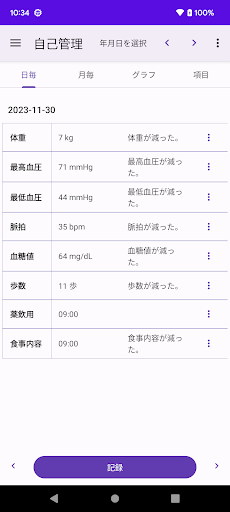 Android application 糖尿病 自己管理 血糖値 血圧 体重 歩数 食事などを記録 screenshort
