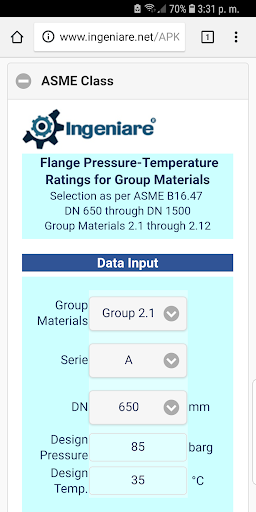 Android application ASME B16.47 Group 2.1 to 2.12 screenshort