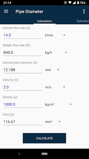 Android application Pipe Diameter Calculator screenshort