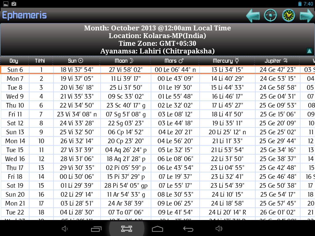 Android application Ephemeris, Astrology Software screenshort