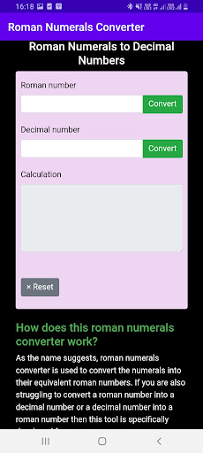 Roman Numerals Converter Screen 2
