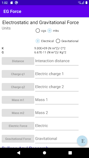 Android application Electrostatic & gravitational screenshort
