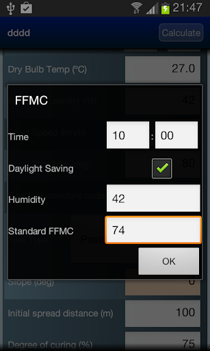 Fire Behaviour Calculator Screen 3