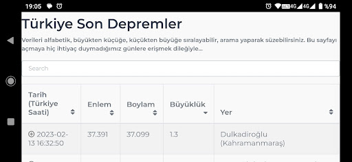 Geliştirilmiş Son Depremler Screen 2