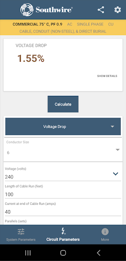 Screenshot of Southwire Voltage Drop