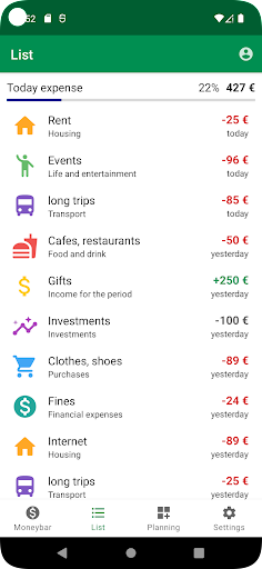 MoneyBar: costs, budget Screen 3