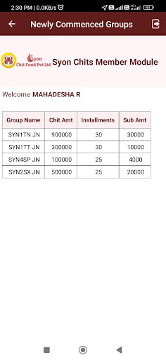 Syon Chits Member Module Screen 3