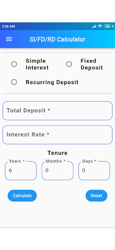 Android application SI/FD/RD Calculator screenshort