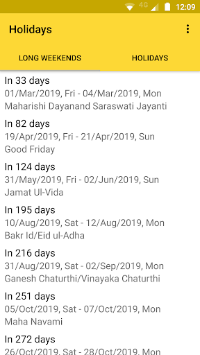 Android application Holidays screenshort