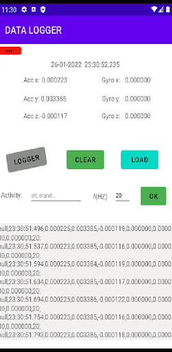 Accelerometer gyrometer Logger Screen 2