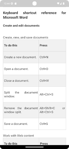Android application Shortcuts for MS Word screenshort