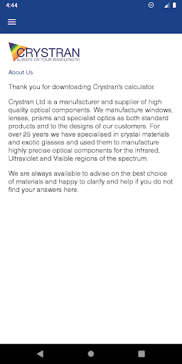 Android application Crystran Optical Guide screenshort