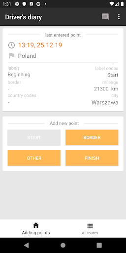 Android application Driver's diary - borders, load screenshort