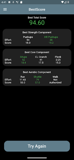 USSF/USAF PFA Calculator Screen 2