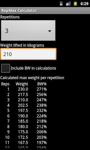 Android application RepMax Calculator screenshort