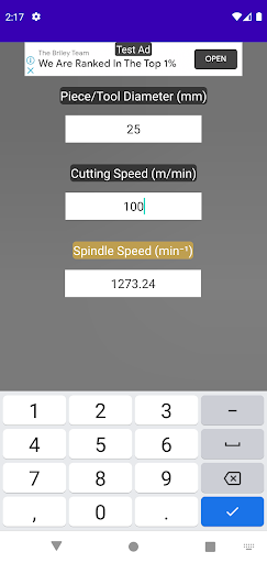 Machining RPM Calc Screen 3