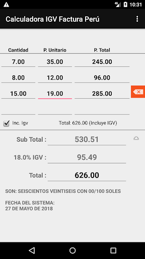 Android application Calculadora Factura IGV Perú screenshort