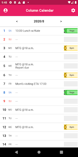 Android application Column Calendar and Tag Memo screenshort