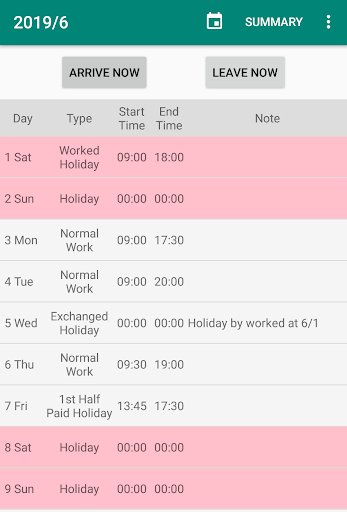 Android application Overtime and Worked Time Log screenshort