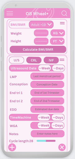 OB Wheel+: BMI, Pregnancy calc Screen 2