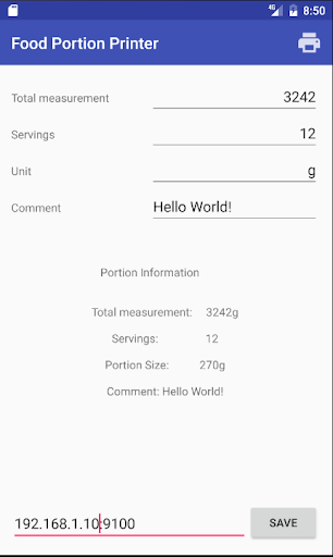 Android application Food Portion Printer screenshort