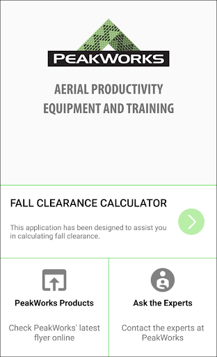 Android application PeakWorks Fall Clearance Calcu screenshort