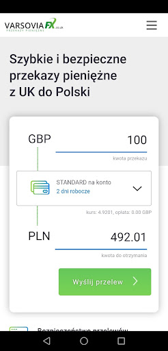Android application Przelewy do Polski- VarsoviaFX screenshort