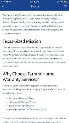 Tarrant Home Warranty Screen 2