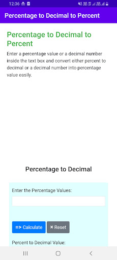 Android application Percent to Decimal to Percent screenshort