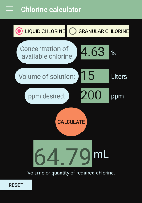 Android application Chlorine Calculator screenshort