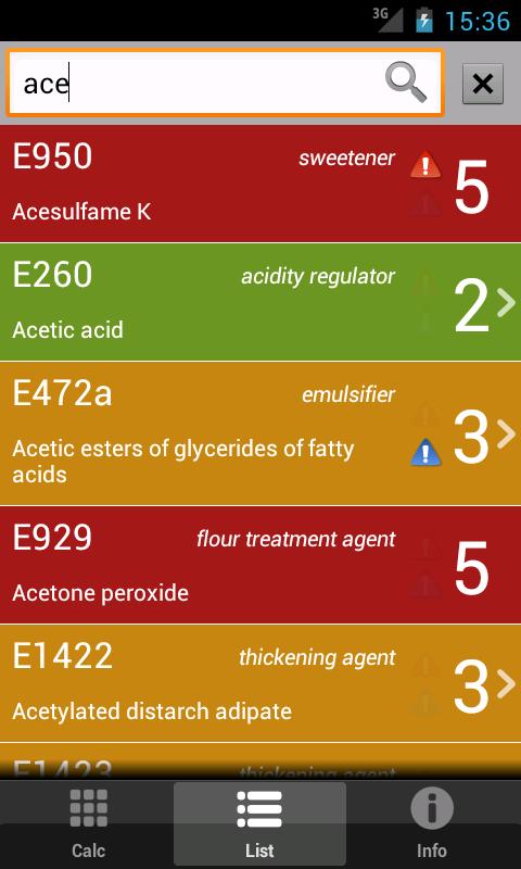 Android application E Numbers Calc: Food Additives screenshort