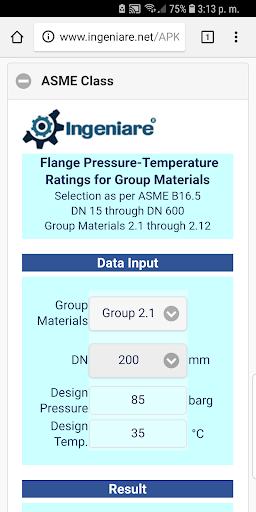 Android application ASME B16.5 Group 2.1 to 2.12 S screenshort