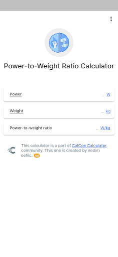 Android application Power-to-Weight Ratio screenshort