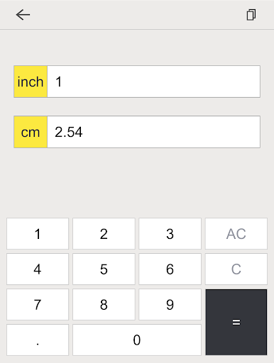 Screenshot of inch cm converter